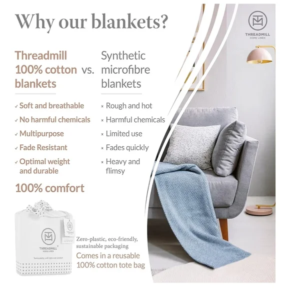 Threadmill Luxury Cotton Blankets for King Size Bed All-Season Cozy 100% Cotton - Picture 4 of 11